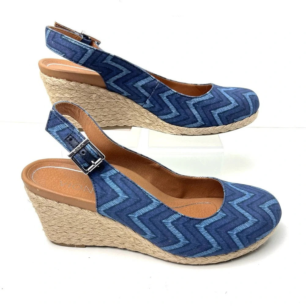 Vionic Coralina Blue Chevron Slingback Espadrille Summer Wedges